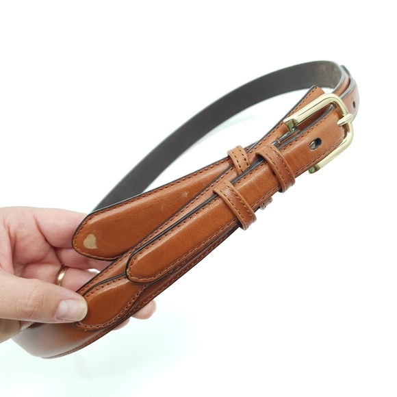 Cabela's Cognac Tan Leather Full Grain Cowhide Belt Gold Tone Buckle Size 42 - Picture 3 of 8